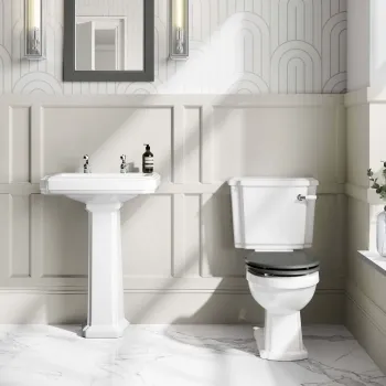 Hudson Traditional Toilet With Graphite Grey Seat & Pedestal Basin Set - Double Tap Hole