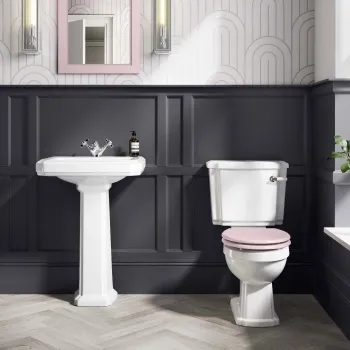 Hudson Traditional Close Coupled Toilet With Cashmere Pink Seat & Pedestal Basin - Single Tap Hole