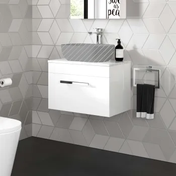 Avon Gloss White Wall Hung Drawer with Marble Top 600mm - Excludes Counter Top Basin