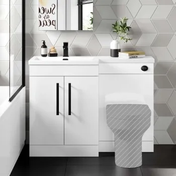 Avon Gloss White Basin Vanity and Back To Wall Unit 1100mm - Black Accents - Left Handed
