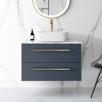 Elba Inky Blue Wall Hung Drawer Vanity with Marble Top & Curved Counter Top Basin 800mm - Brushed Brass Accents