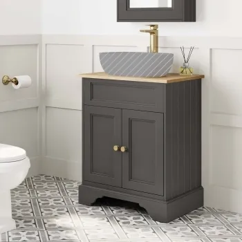 Lucia Graphite Grey Cabinet with Oak Effect Top 640mm (Excludes Counter Top Basin) - Brushed Brass Accents