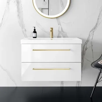 Elba Gloss White Wall Hung Basin Drawer Vanity 800mm - Brushed Brass Accents