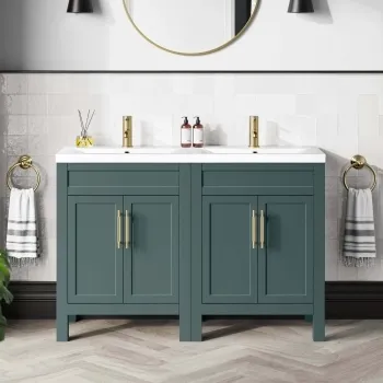 Bermuda Midnight Green Double Basin Vanity 1200mm - Brass Knurled Handles