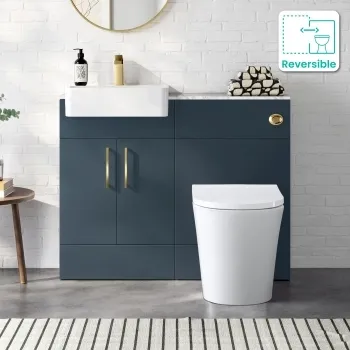 Harper Navy Blue Combination Vanity Basin with Marble Top & Tucson Toilet 1000mm - Brushed Brass Accents