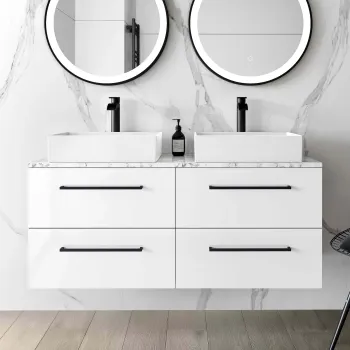 Elba Gloss White Double Wall Hung Drawer Vanity with Marble Top & Cody Basin 1200mm - Black Accents