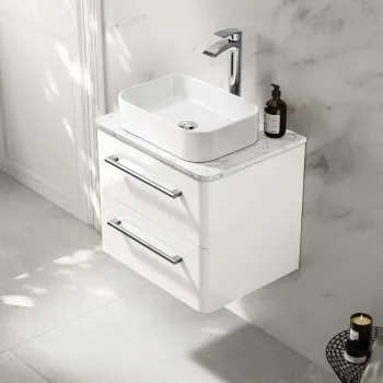 Omaha Gloss White Wall Hung Drawer Vanity with Marble Top & Marin Basin 600mm