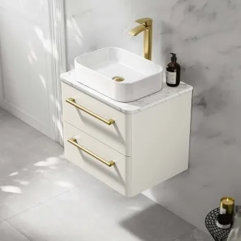 Omaha Linen White Wall Hung Drawer Vanity with Marble Top & Marin Basin 600mm - Brushed Brass Accents