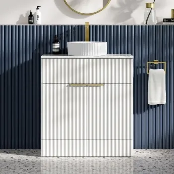 Havana Fluted Coastal White Cabinet with Marble Top & Nevis Basin 800mm - Brushed Brass Accents