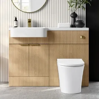 Sicily Fluted Country Oak Combination Vanity Basin and Tucson Toilet 1200mm - Brushed Brass Accents - Left Handed