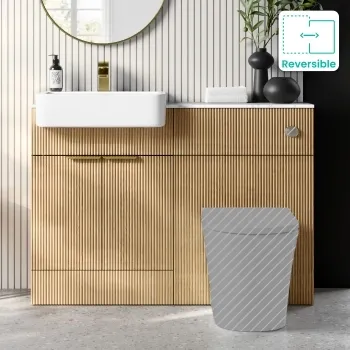 Sicily Fluted Country Oak Vanity with Marble Top & Back To Wall Unit 1200mm (Excludes Toilet) - Brushed Brass Accents