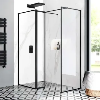 Munich Matt Black Framed 8mm Walk In Shower Enclosure 800mm & 800mm Glass with Pivotal Return Panel