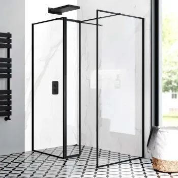 Munich Matt Black Framed 8mm Walk In Shower Enclosure 800mm & 900mm Glass with Pivotal Return Panel