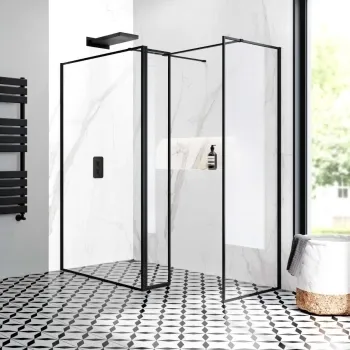 Munich Matt Black Framed 8mm Walk In Shower Enclosure 1200mm & 800mm Glass with Pivotal Return Panel