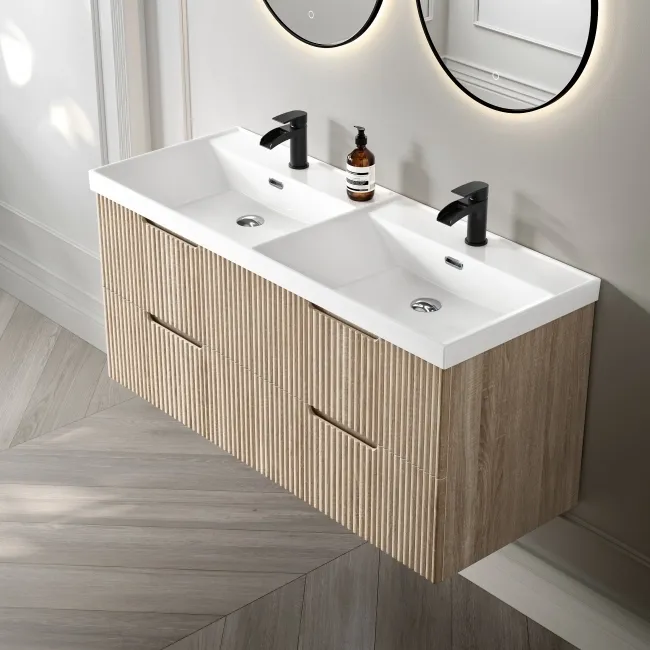 Crete Fluted Apex Oak Wall Hung Double Basin Drawer Vanity 1200mm