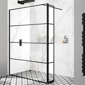 Munich Matt Black Grid 8mm Wet Room Shower Glass 1400mm & 250mm Pivotal Return Panel