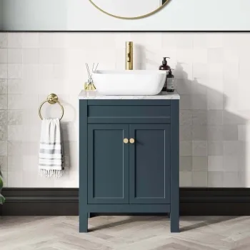 Bermuda Inky Blue Vanity with Marble Top & Curved Counter Top Basin 600mm - Brushed Brass Accents