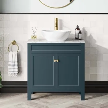 Bermuda Inky Blue Vanity with Marble Top & Oval Counter Top Basin 800mm - Brushed Brass Accents