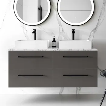 Elba Graphite Grey Double Wall Hung Drawer Vanity with Marble Top & Cody Basin 1200mm - Black Accents