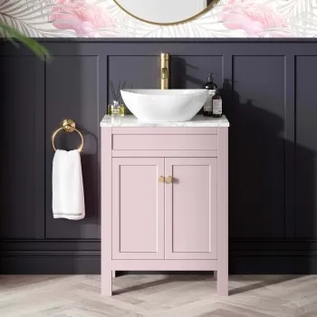 Bermuda Cashmere Pink Vanity with Marble Top & Oval Counter Top Basin 600mm - Brushed Brass Accents