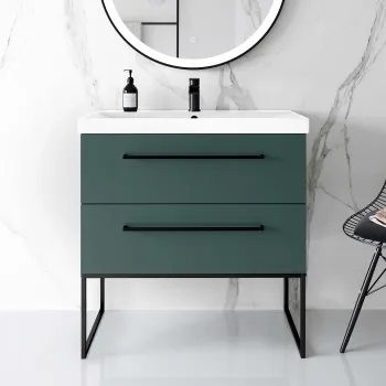 Elba Midnight Green Wall Hung Basin Drawer Vanity 800mm with Matt Black Stand