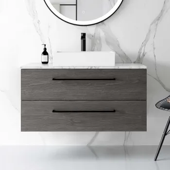 Elba Charcoal Elm Wall Hung Drawer Vanity with Marble Top & Cody Basin 1000mm - Black Accents