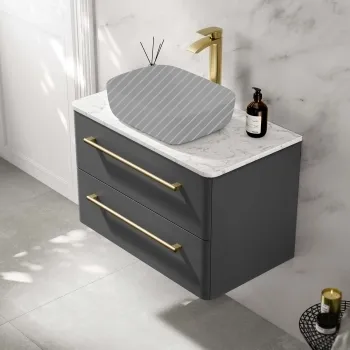 Omaha Slate Grey Wall Hung Drawer Vanity with Marble Top 800mm (Excludes Counter Top Basin) - Brushed Brass Accents