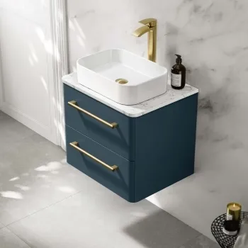 Omaha Navy Blue Wall Hung Drawer Vanity with Marble Top & Marin Basin 600mm - Brushed Brass Accents