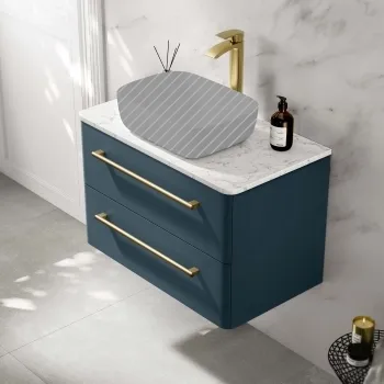Omaha Navy Blue Wall Hung Drawer Vanity with Marble Top 800mm (Excludes Counter Top Basin) - Brushed Brass Accents
