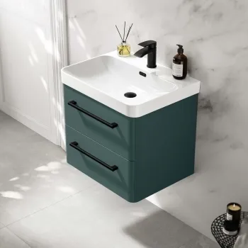 Omaha Mystic Green Wall Hung Basin Drawer Vanity 600mm - Black Accents