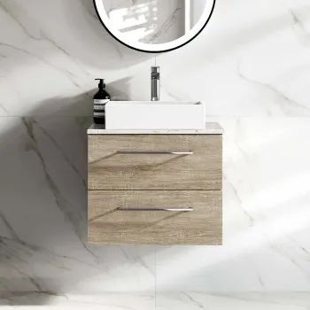 Elba Dawn Oak Wall Hung Drawer Vanity with Marble Top & Cody Basin 600mm