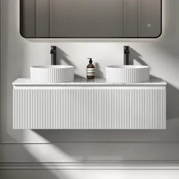 Malta Fluted Coastal White Double Wall Hung Drawer Vanity with Marble Top & Nevis Basin 1200mm