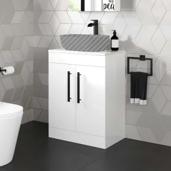 Avon Gloss White Counter Top Vanity with Marble Top 600mm - Black Accents