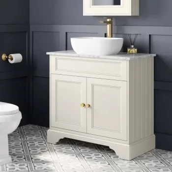 Lucia Chalk White Vanity with Marble Top & Curved Counter Top Basin 840mm - Brushed Brass Accents