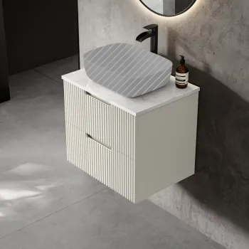 Crete Fluted Linen White Wall Hung Drawer Vanity with Marble Top 600mm - Excludes Counter Top Basin