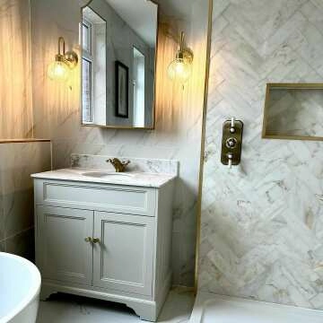 Lucia Chalk White Vanity with Marble Top & Undermount Basin 830mm - Brushed Brass Accents