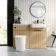 Sicily Fluted Country Oak Combination Vanity Basin and Utah Comfort Height Toilet 1200mm - Black Accents - Right Handed