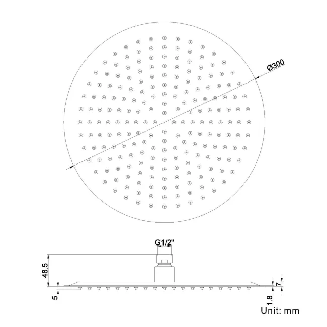 300mm Matt Black Round Stainless Steel Slim Shower Head