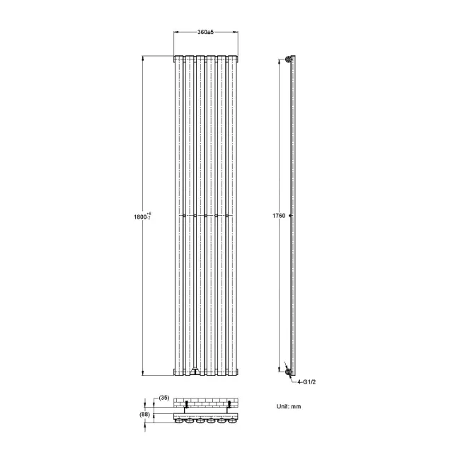 Marbella Anthracite Single Oval Panel Radiator 1800x360mm
