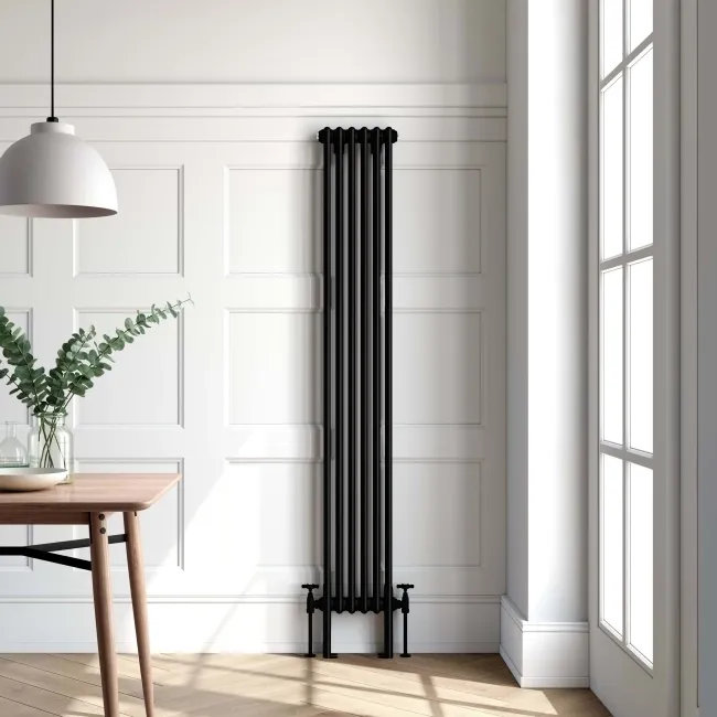 Athens Matt Black Double Column Vertical Traditional Radiator 1800x290mm
