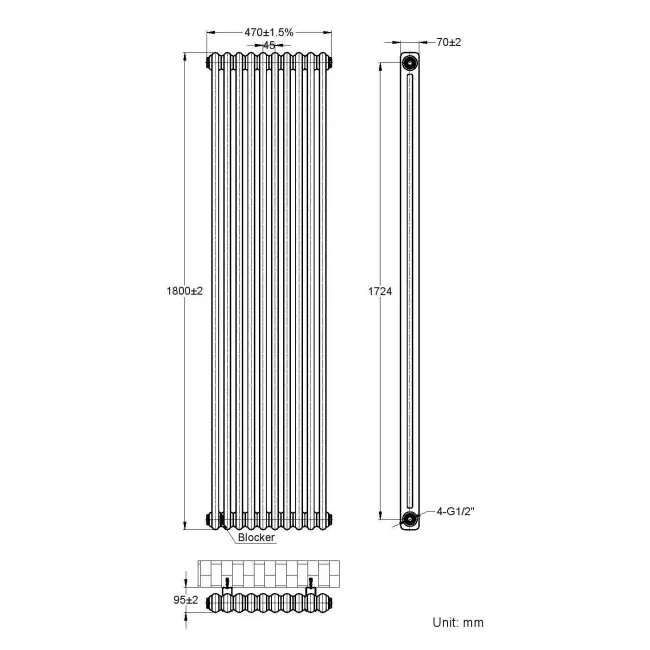 Athens Anthracite Double Column Vertical Traditional Radiator 1800x470mm