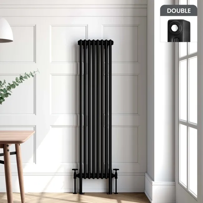 Athens Matt Black Double Column Vertical Traditional Radiator 1500x380mm