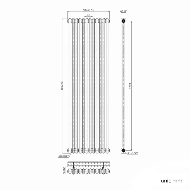 Athens Inky Blue Double Column Vertical Traditional Radiator 1800x560mm
