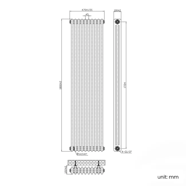 Athens Inky Blue Triple Column Vertical Traditional Radiator 1800x470mm