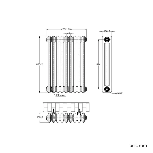 Athens Raw Metal Triple Column Horizontal Traditional Radiator 600x425mm