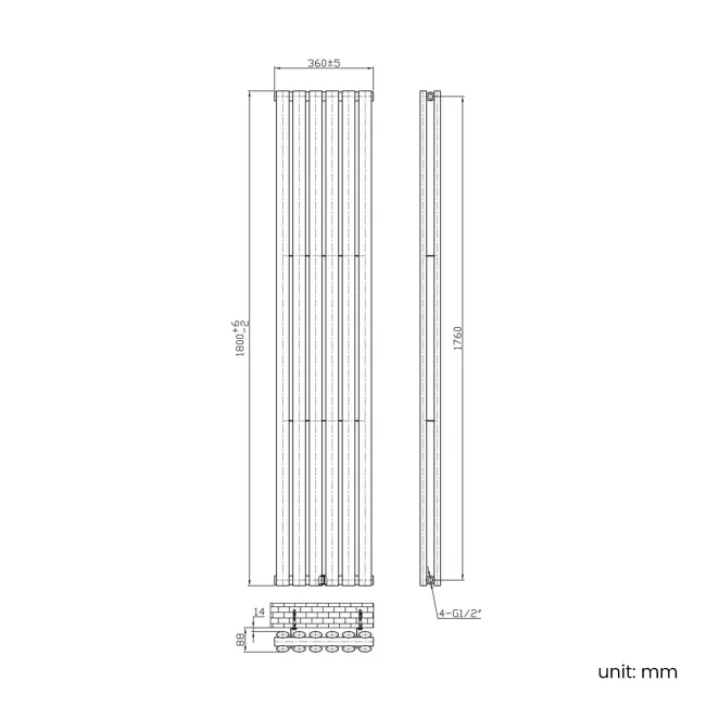 Marbella Matt Black Double Oval Panel Radiator 1800x360mm