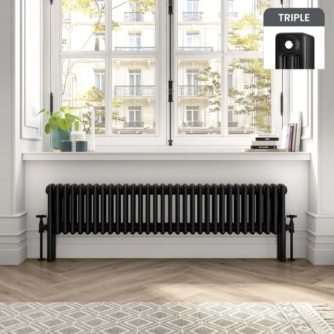 Athens Matt Black Triple Column Horizontal Traditional Radiator 300x1415mm