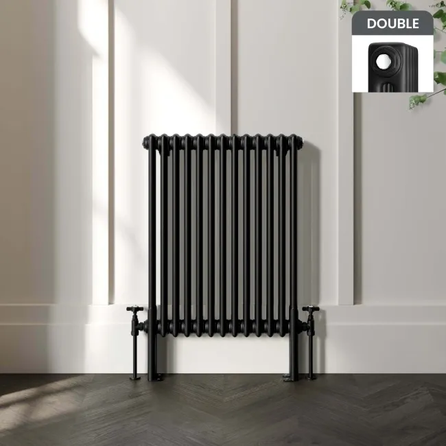 Athens Matt Black Double Column Horizontal Traditional Radiator 750x605mm