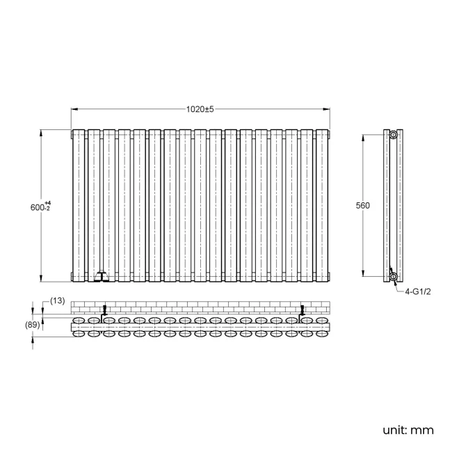 Marbella Matt Black Double Oval Panel Radiator 600x1020mm