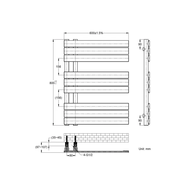 Seville Matt Black Designer Flat Panel Heated Towel Rail 800x600mm